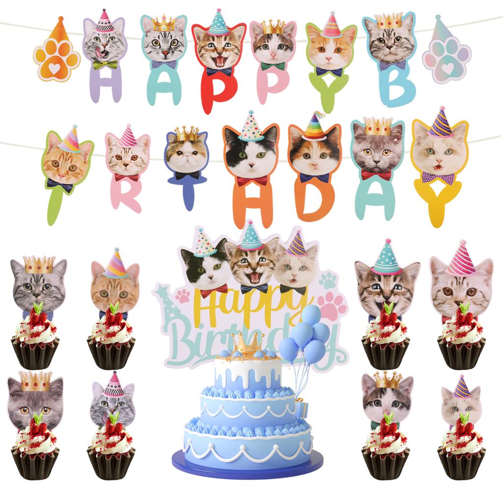 Pet Cats Theme Happy Birthday Party Decoration Bunting Banner Pull Wall Flags Garland for Cat Birthday Decoration Supplies