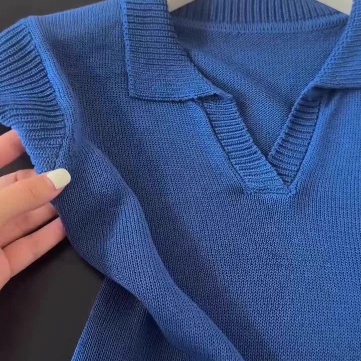 Summer Women's Collar Knitted T-shirt Short Sleeved Design Top