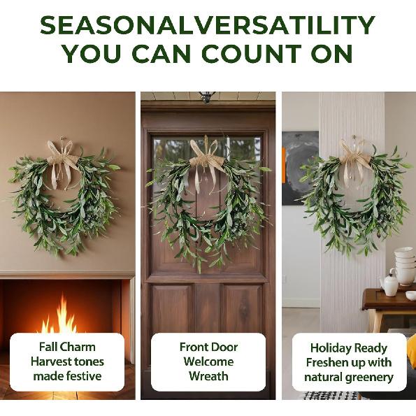 Artificial Olive Garland with Greenery Leaves – Faux Olive Wreath for Front Door, Farmhouse Wall Decor, Hanging Green Wreath for Window or Wedding