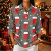 Women's Casual Christmas Print Button Down Top with Notched Collar and Three-Quarter Sleeves