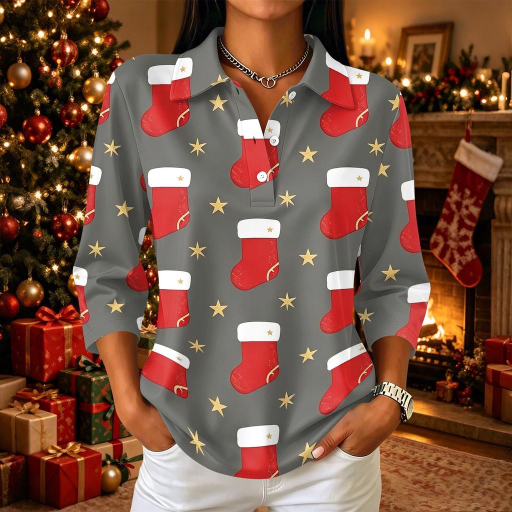 Women's Casual Christmas Print Button Down Top with Notched Collar and Three-Quarter Sleeves