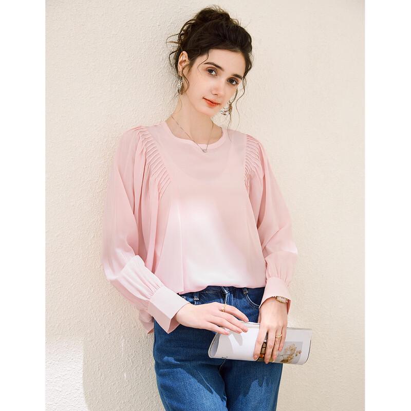 TUHUANG Women s 100% Mulberry Silk Pleated Round Neck Blouse L