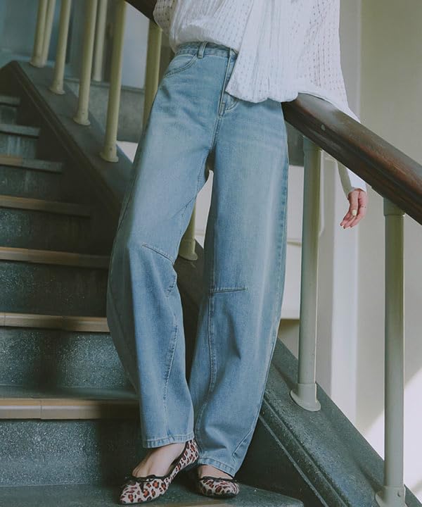 Kobe Salat Fassbein Gebogenes Weites Bein Damen Denim, Jeans, Überfärbt, Winter/Frühling [M4135]