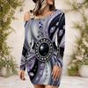 Women Plus Size One Shoulder Long Sleeve Gem Printed Purple Black Gray Bodycon Mini Dress