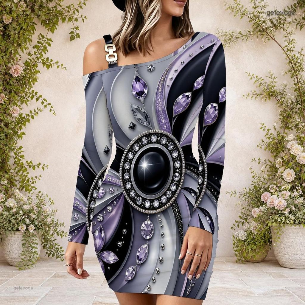 Women Plus Size One Shoulder Long Sleeve Gem Printed Purple Black Gray Bodycon Mini Dress