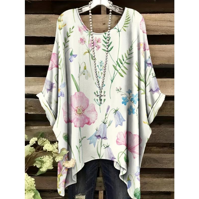 Camiseta Bohemia Elegante de Dos Tonos para Mujer de Verano - Estampado Floral de Corazón con Mariposa Cuello Redondo Blusa Casual Amantes del Boho 2025