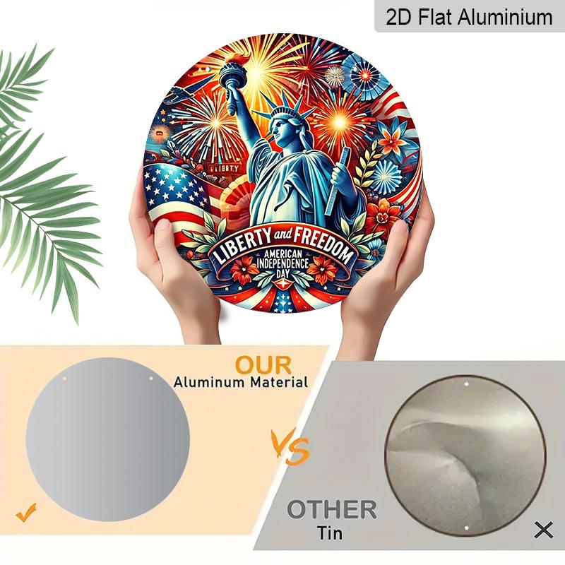 2D Flat, 1pc Vintage Patriotic Independence Day Aluminum Wall Decor - Statue of Liberty with Fireworks, American Flag Colors - Heavy-Duty Rustproof