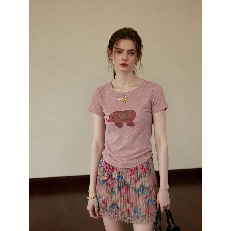 [Spot] Pink baby elephant printed short-sleeved T-shirt women's summer sweet wind slim and thin small top