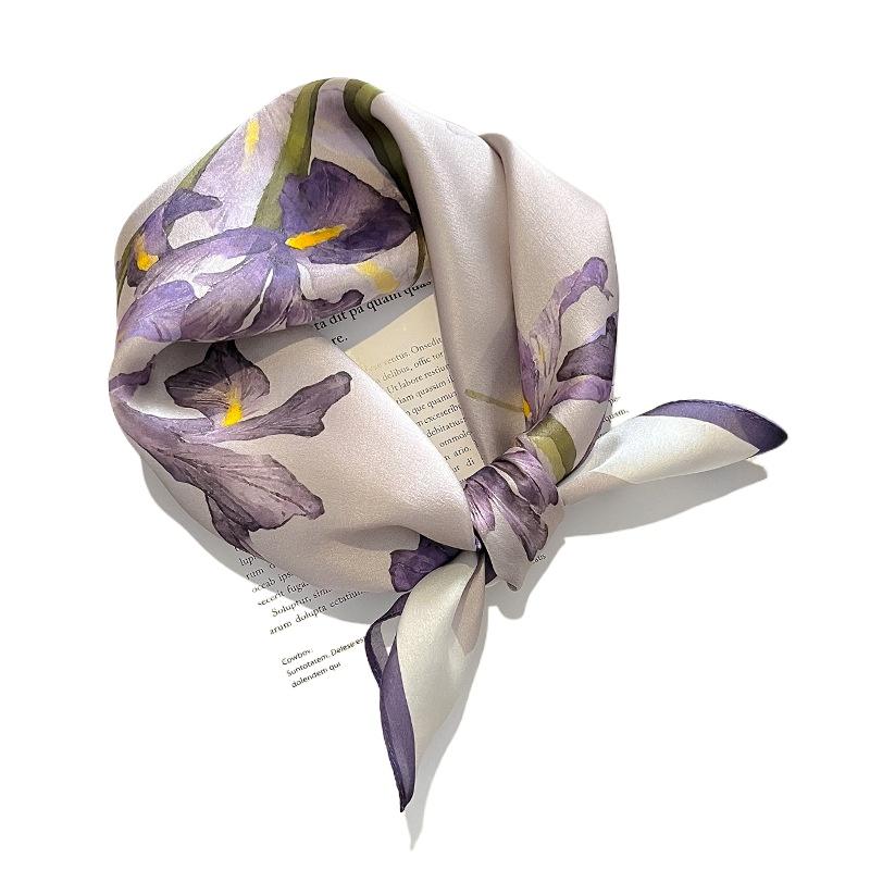 

1 шт. 70 см Шелковый шарф с узором цветка гибискуса для женщин Имитация шелка Фиолетовый Цветочный шарф Универсальный Декоративный Квадратный шарф