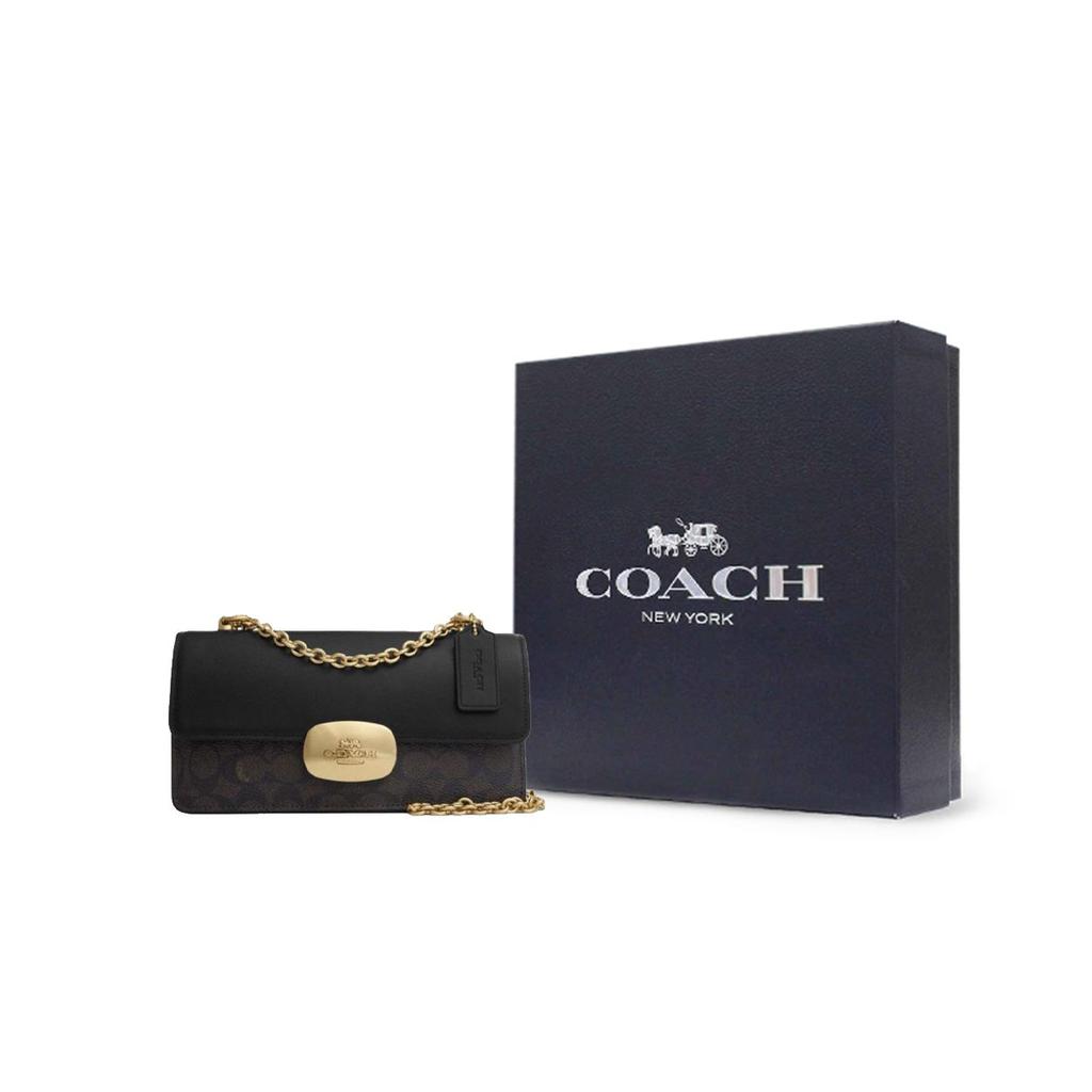 Coach Eliza 23 Chain Strap Logo Coated Canvas And Smooth Leather Crossbody Bag Medium Women crossbody bag Walnut Black CW010-IMXAQ