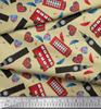 Soimoi Japan Crepe Satin Fabric Bus,Telephone Booth & London Clock Tower Architectural Print Sewing Fabric Metre 42 Inch