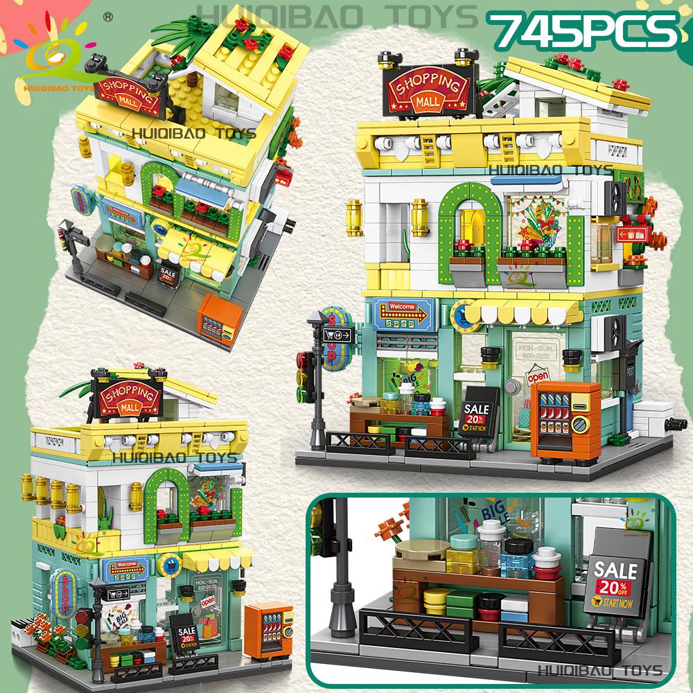 Non-Toxic City Street View Supermarket Coffee Burger Shop Hotel Model Building Blocks Diy Architecture Bricks Toys Adult Gift