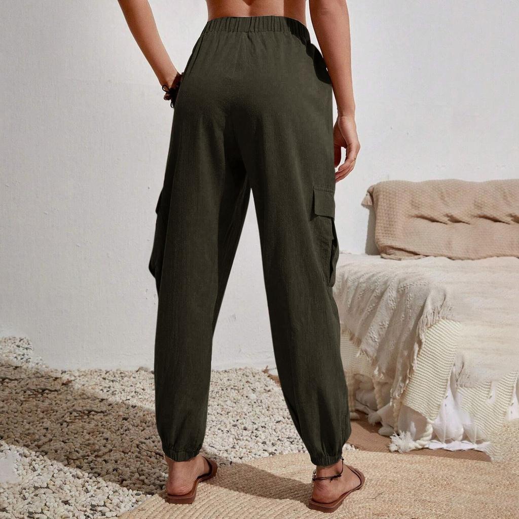Women's Fashionable Solid Color Elastic Waist Pocket Versatile Casual Work Pants
