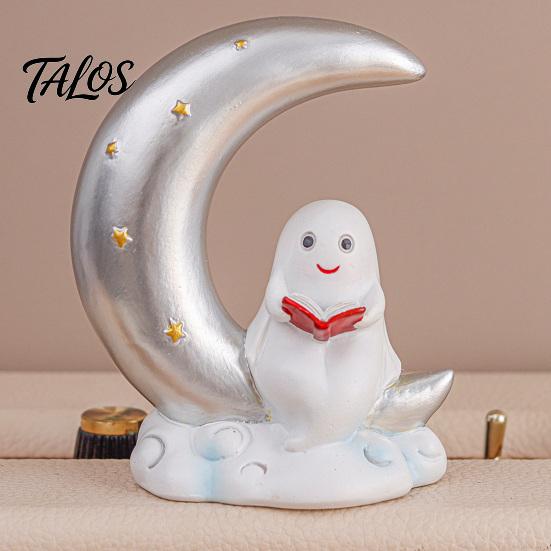 Halloween Ghost Night Light Resin Figurines with LED Lights, Cute Reading Moom & Crescent Small for Desk Light, Tombstone Skeleton Statue, Spooky Home