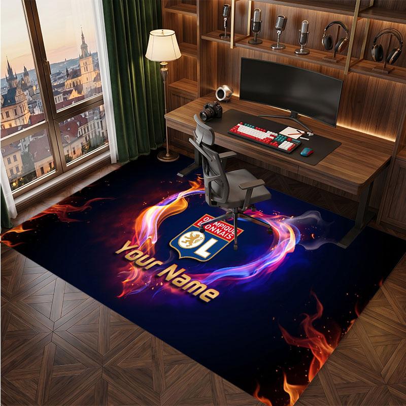 Lyon FC Custom Crystal Velvet Rug, Personalized Name Text Print, Football Logo Soft Non‑Slip Floor Mat Home Decor Gift