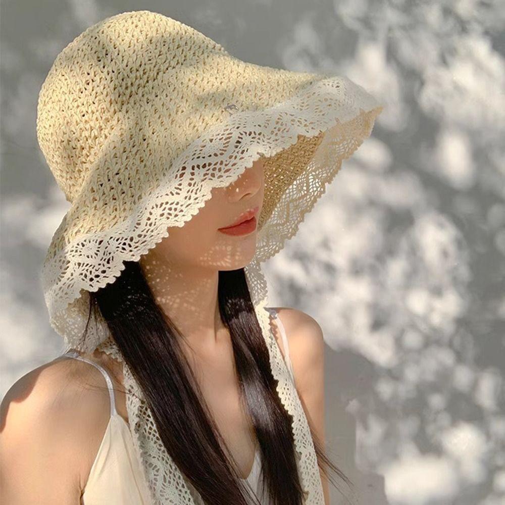 Large Edge Summer Lace Sun Hat Wide Brim Panama Cap French-style Straw Hat  Outdoor Travel