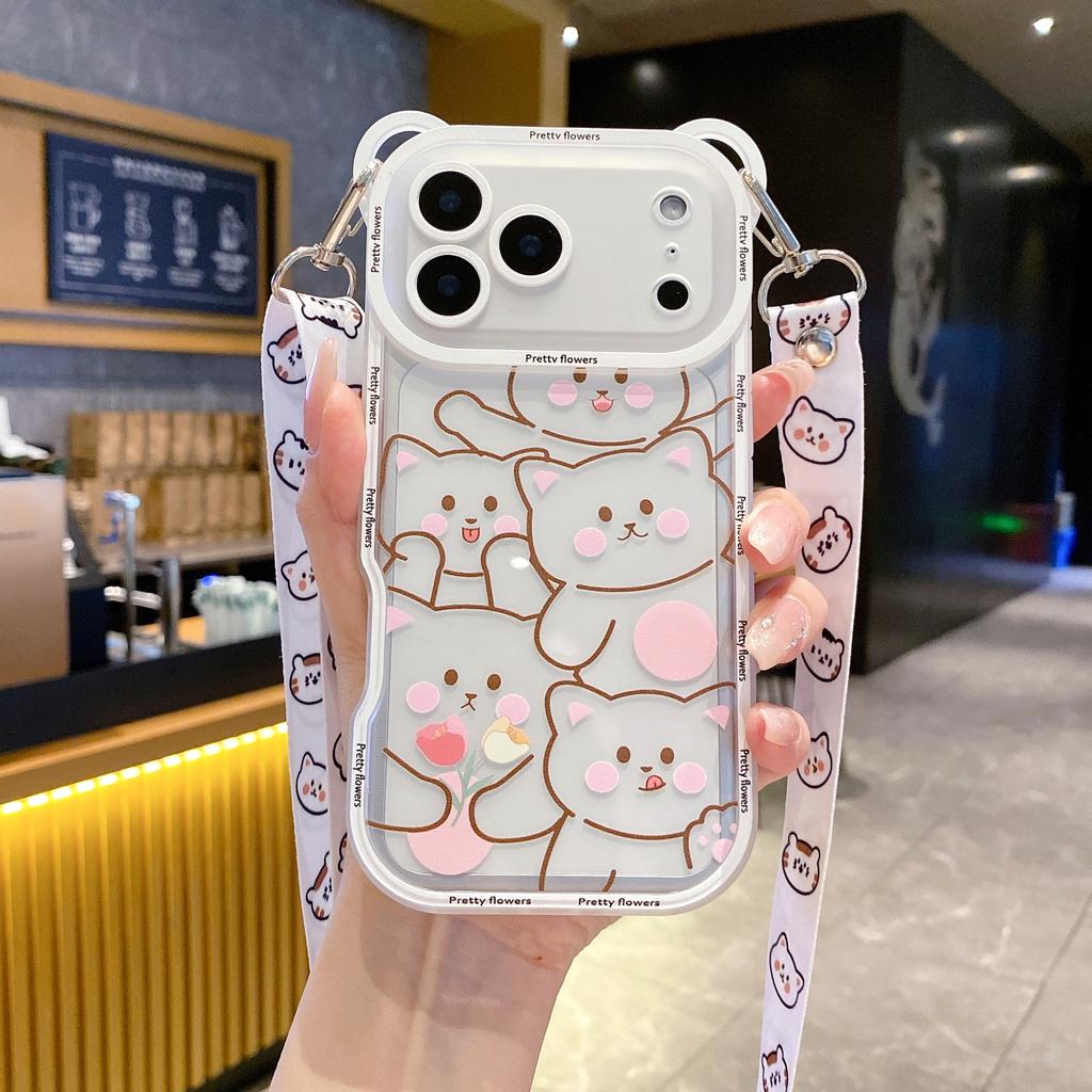 Korean Cute Flower Bear Ears Crossbody Lanyard Case For iPhone 17 16 15 14 13 12 11 Pro Max XS Max 7 8 Plus Cover Women Girl's