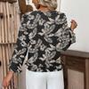 Dámský ležérní módní top s volánky, výstřihem do V, potiskem a dlouhým rukávem