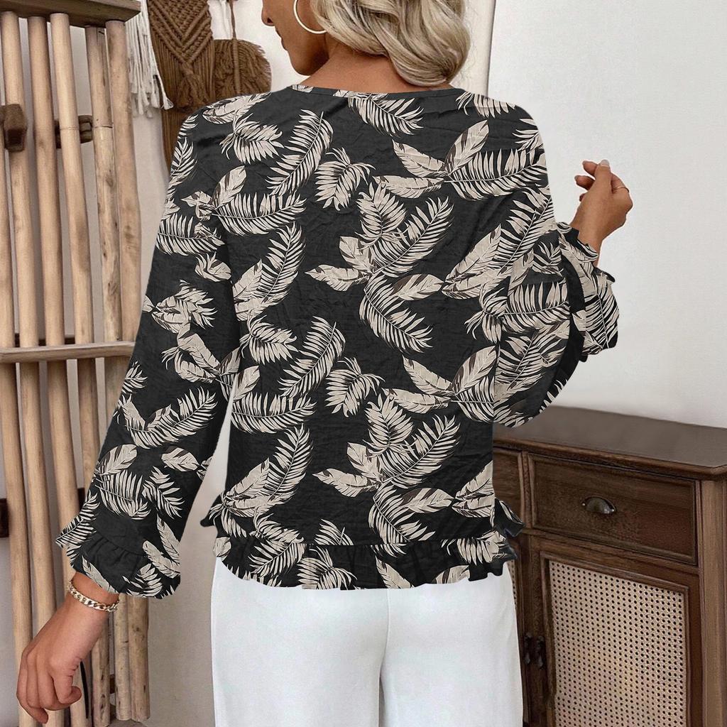 Dámský ležérní módní top s volánky, výstřihem do V, potiskem a dlouhým rukávem
