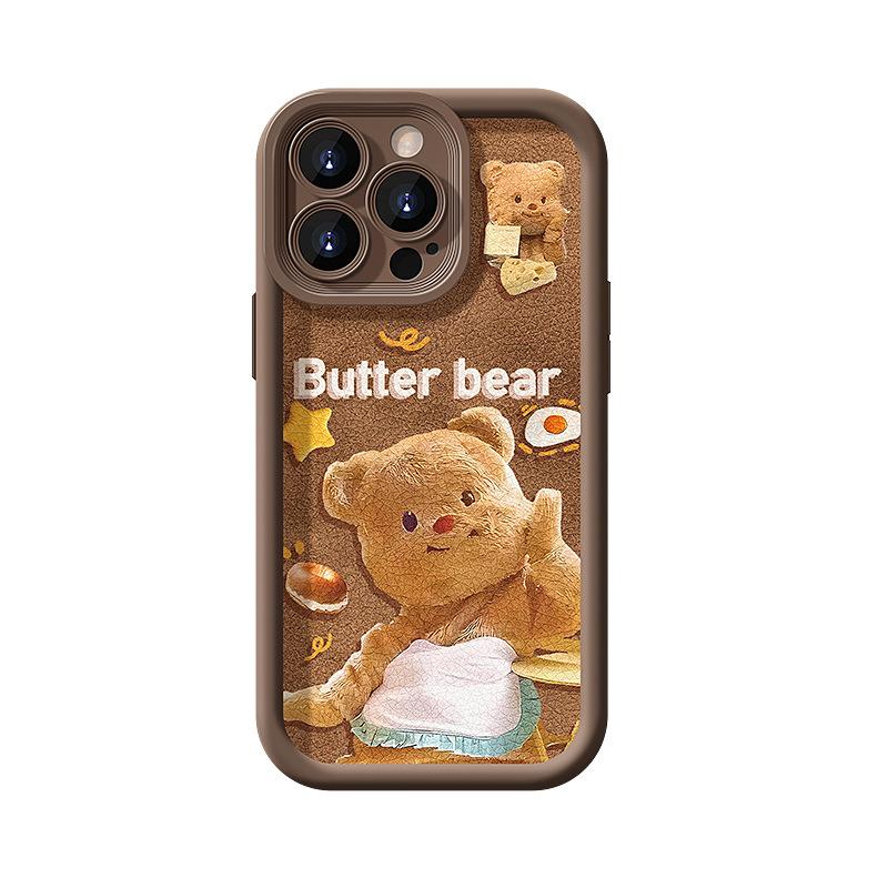 Cute Butter Bear Lanyard Suitable for Apple 13PRO Maillard Mobile Phone Case 14 Silicone Anti-fall 15 Lambskin X
