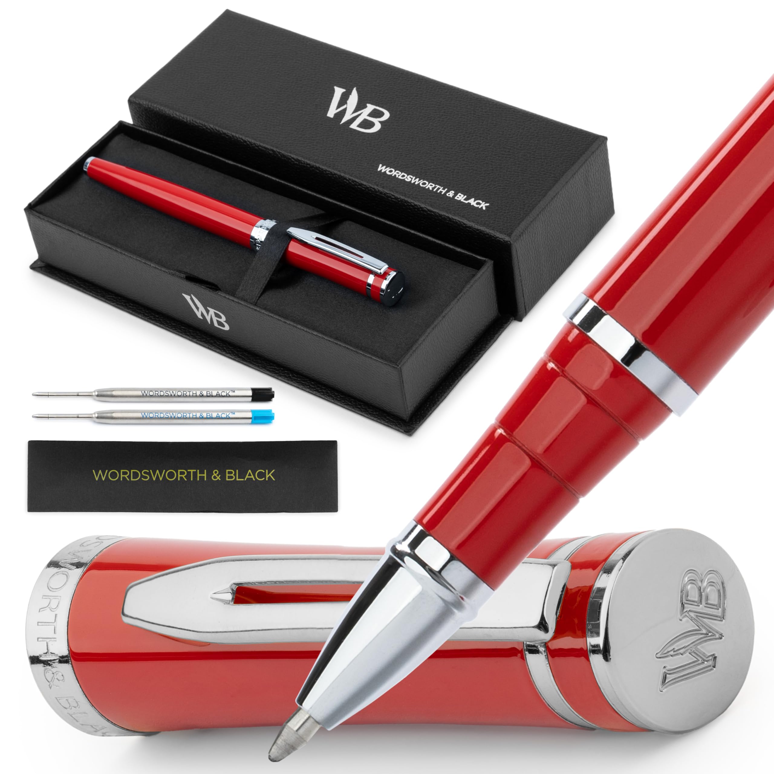 

Wordsworth Black Rollerball Pen Luxury Pen Chrome Red Refillable Refillable Gift for Men and Professional Nice and Fancy Pen for Work & - - Finish,