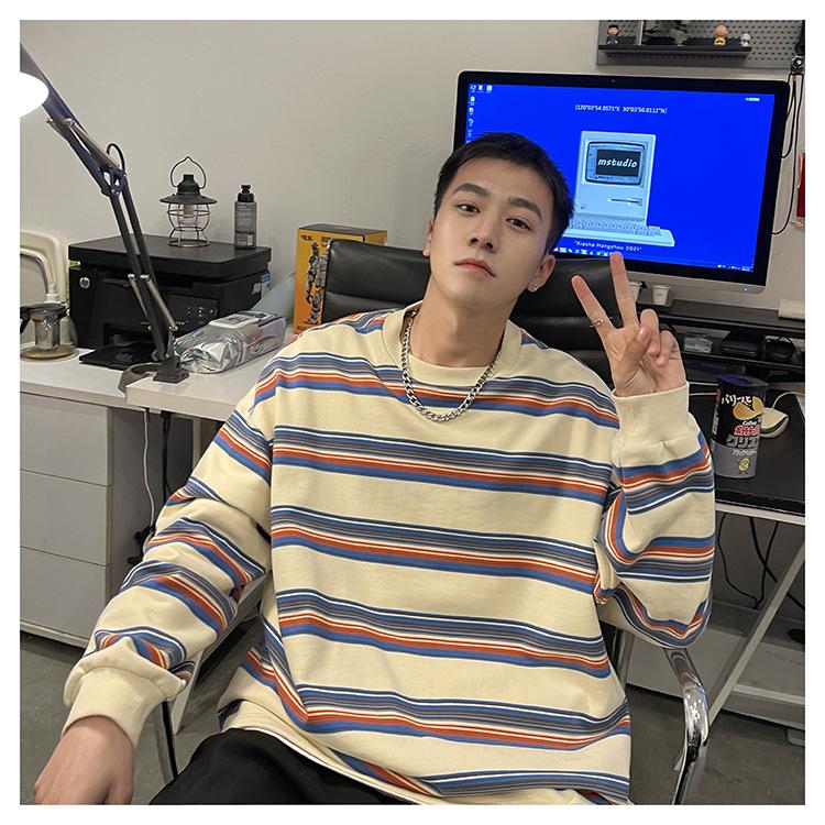 Men's Trendy Color Block Striped Pullover - Casual Loose Fit Round Neck Sweatshirt for Spring & Autumn.