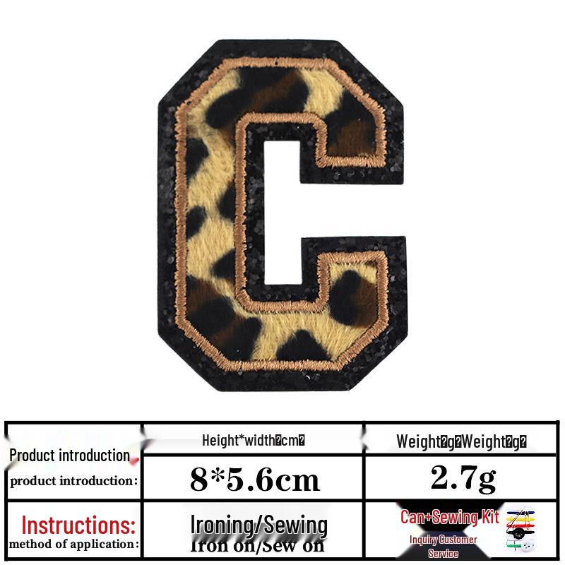 Leopard Print Velvet Cloth Patch with English Letter and Black Sequin Embroidery