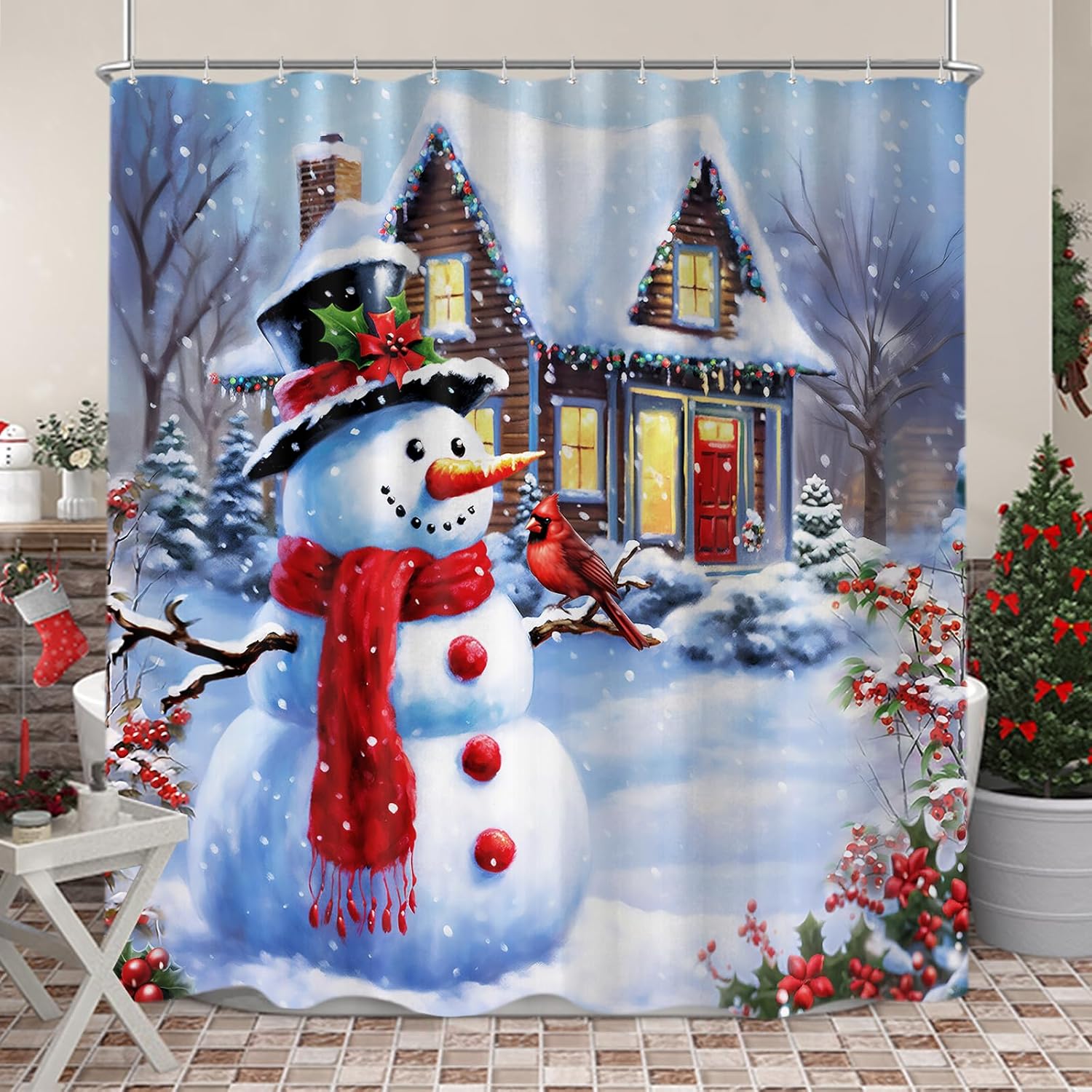 

Blue Christmas Snowflake Shower Curtain, Winter Forest Deer Fabric Shower Curtains Set For Bathroom Decoration With Hooks Cute W60H190(CM)-1 Pcs
