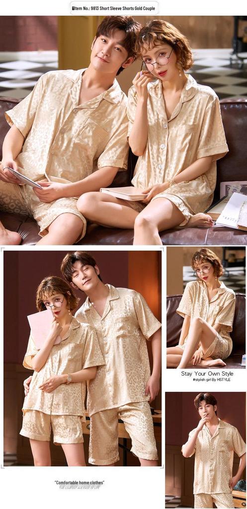 Summer Red Pajama Set for Couples: Ice Silk Zodiac Short Sleeve & Long Pants