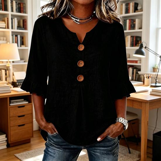 Women Shirt Stand-Up Collar V-Neck Buttons Decor Half Sleeve Ruffle Cuffs Pullover Tops Pure Color Loose Fit Summer Tops