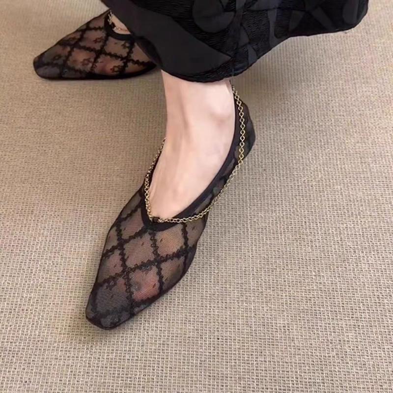 Fashion 2025 New Lace Mesh Breathable Single Shoes Women's Summer French Square Toe Slip-On Chain Mary Jane Flats
