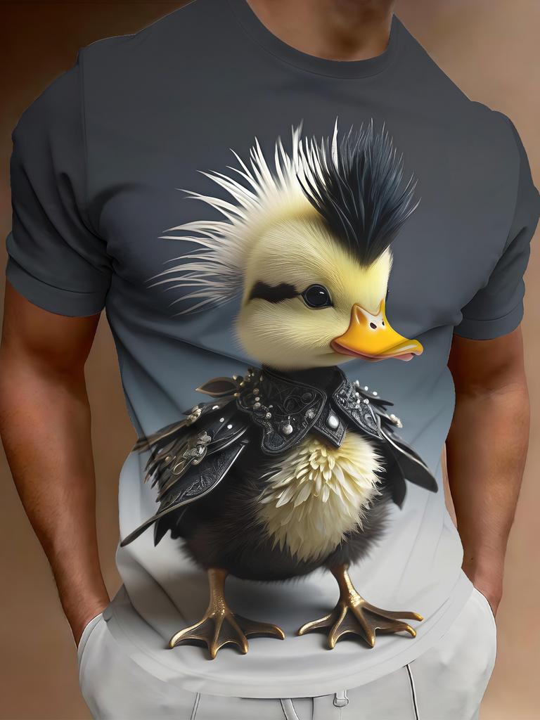 Men's Full-Body Duck Print T-Shirt - Dark Duck Design Short Sleeve Round Neck Casual Top with Duck, Machine Washable Suitable for & Casual Attire,