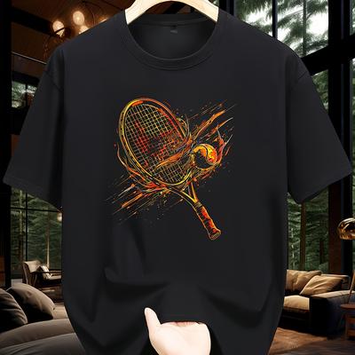 Men Short-sleeved T-shirt Regular Fit Printed with Tennis Racket Fashionable Casual Round-neck Top Men's Clothing