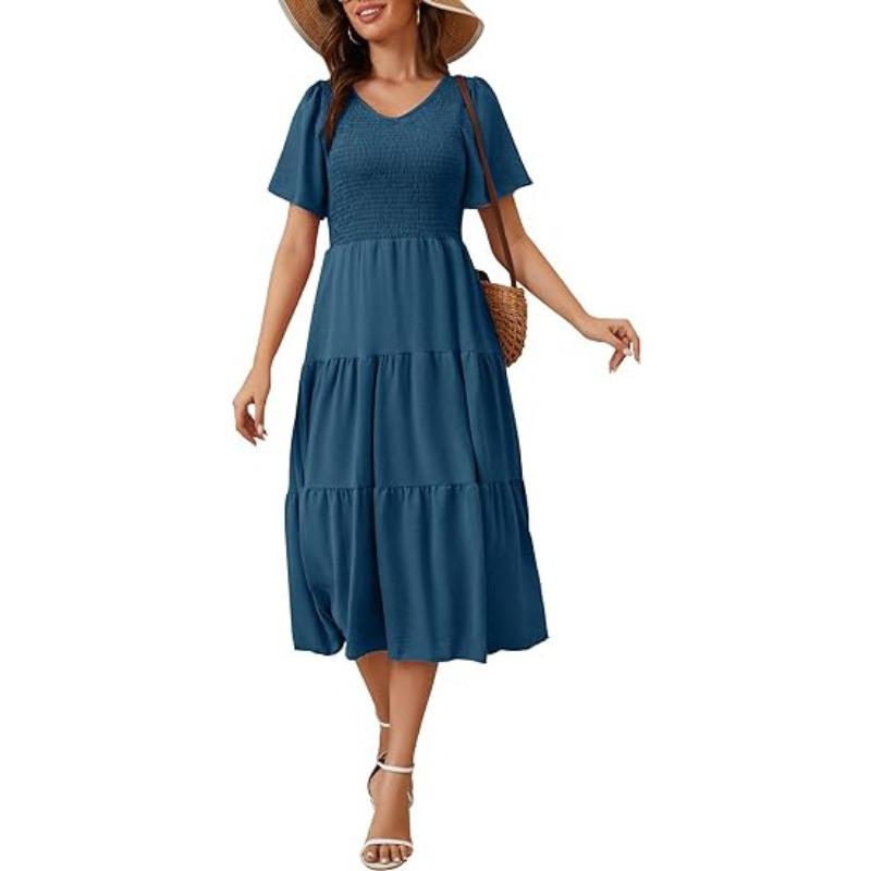 GMXIA Women's Fashion Summer Spring Solid Color Print V-Neck Short Sleeve Casual Dresses