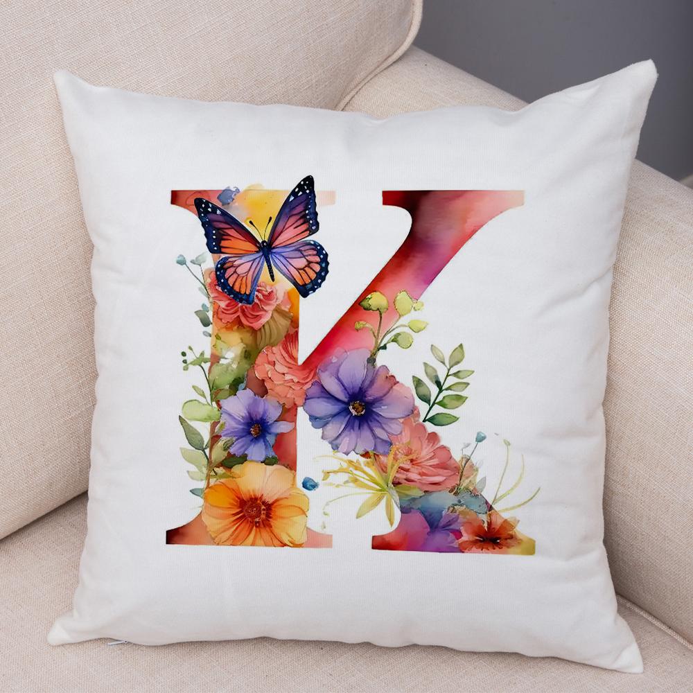 Floral Letter J Pillowcase Double Print Watercolor Letter U Cushion Cover Soft Plush Flower Letter D Pillowcase for Sofa Home