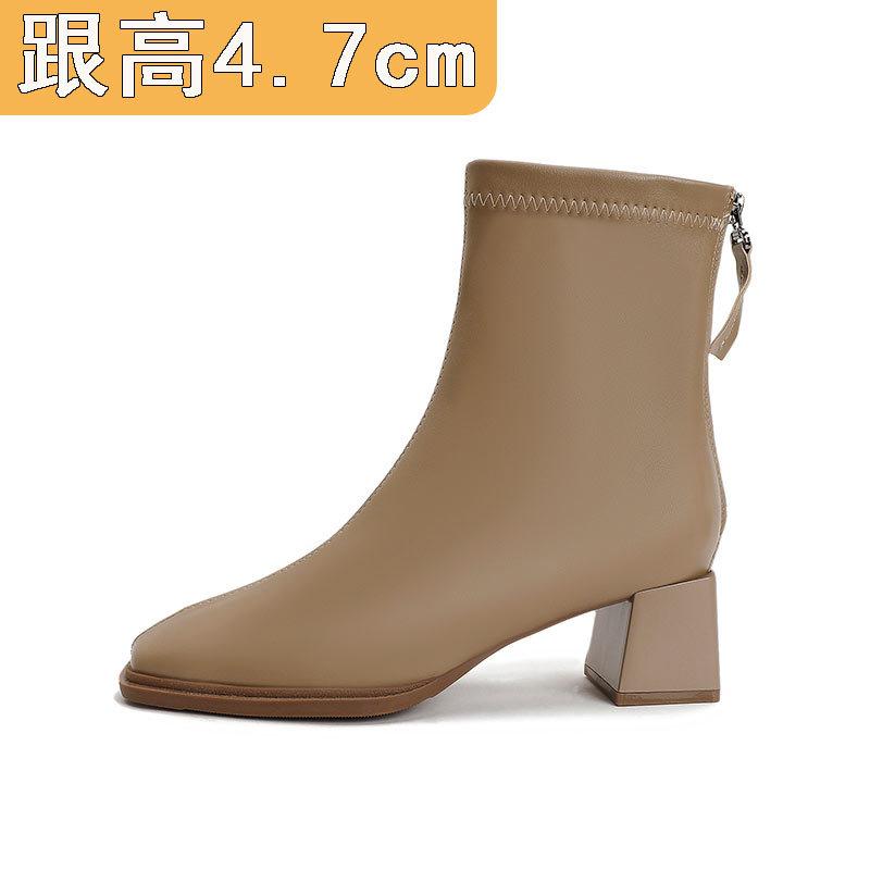 High-heeled short boots women's spring and autumn single boots 2024 autumn and winter new boots medium tube thick heel white bare boots square head th