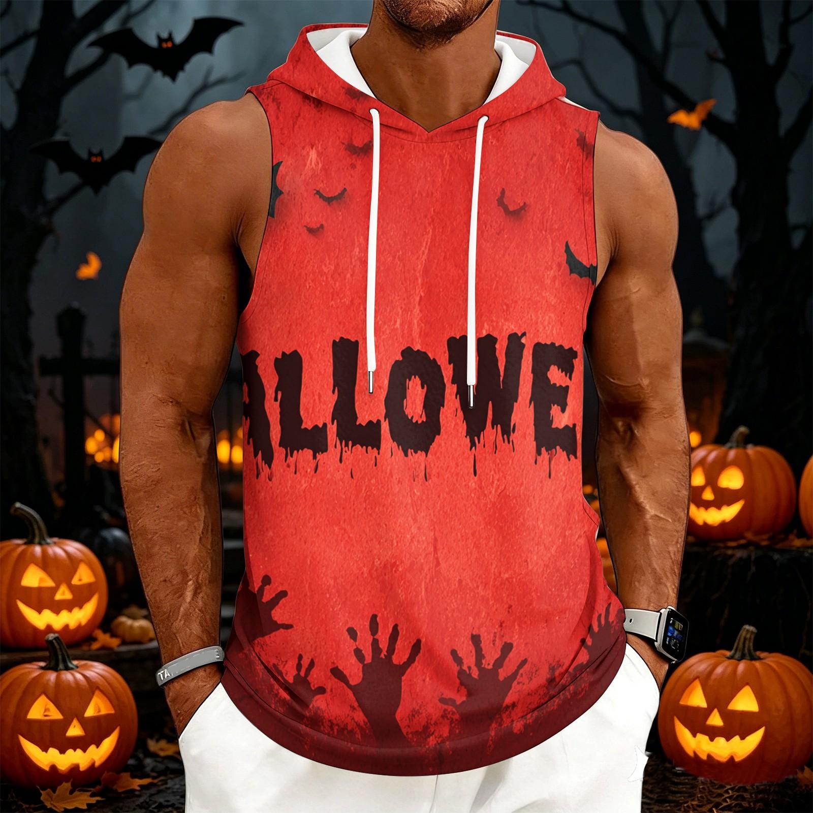 Men s Halloween Printed Hooded Sleeveless Drawstring Vest Casual Top XXL