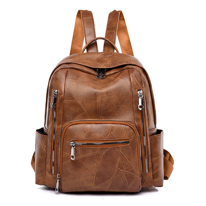 Stylish Pu Leather European Retro Casual Backpack For Women Soft Zipper Closure