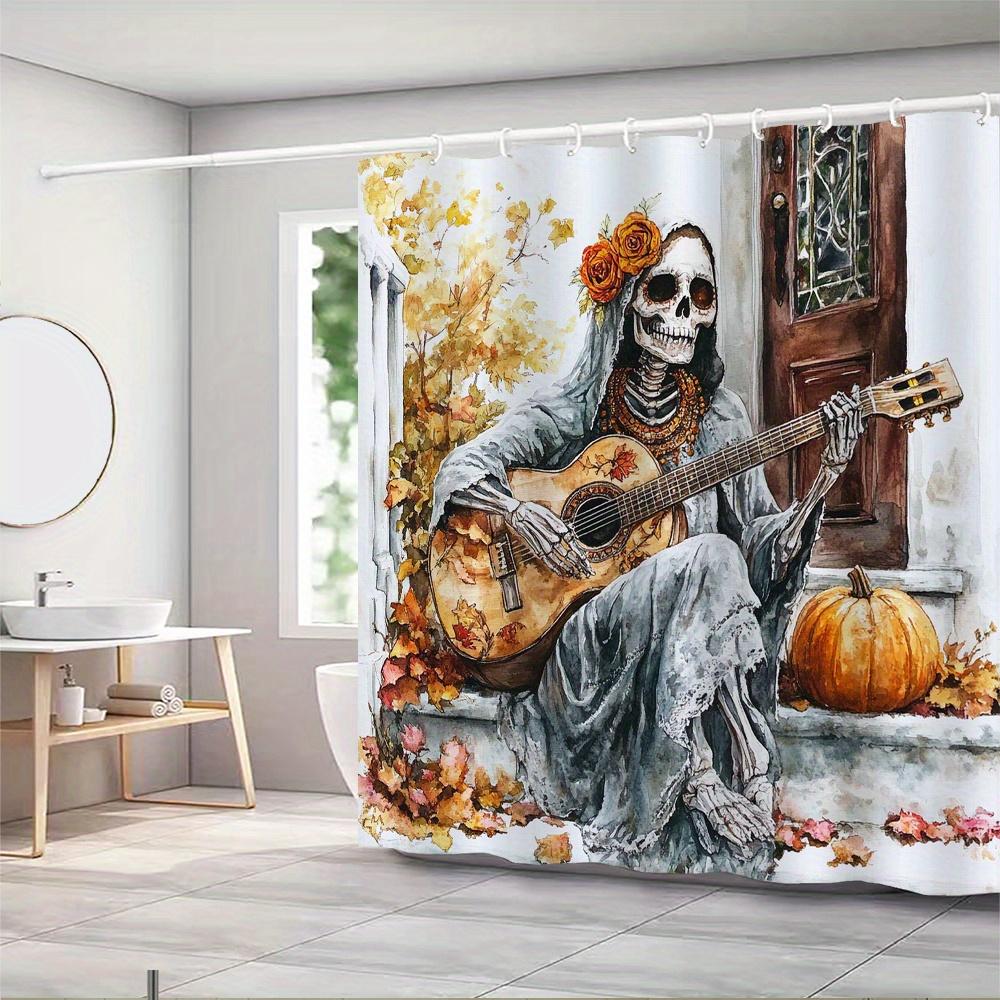 Spooky Skeleton Guitarist Waterproof Mildew-Resistant Shower Curtain - Halloween Design for a Haunted Bathroom Décor Experience