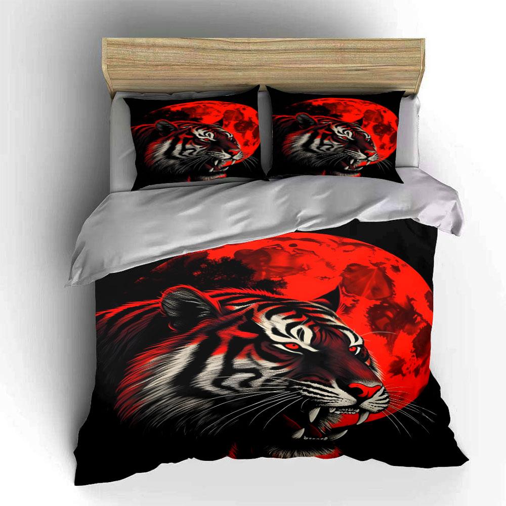 Fierce Tiger Red Moon Decor Soft Comfortable Duvet Cover Bedding Set Included 1*Duvet Cover & 2*Pillowcases, Gift