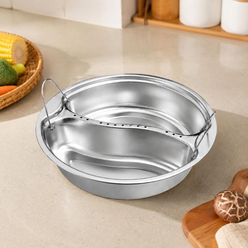 Sectioned Steam Tray Round Metal Insert with Wire Grip Handles for Soup Pot Service and Daily Family Table Tasks