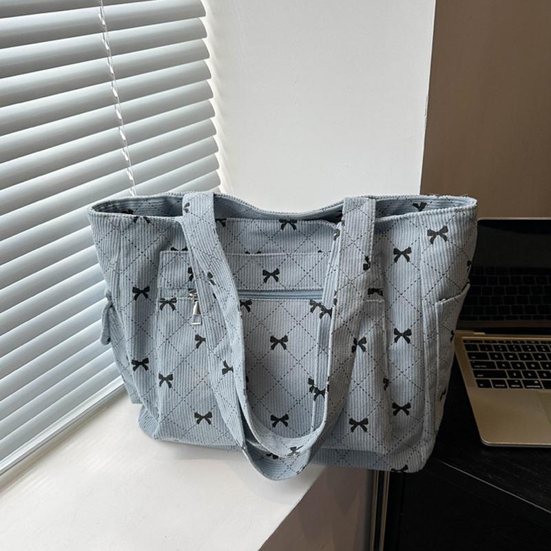 Women Corduroy Tote Bag Stylish Large Capacity Casual Commuting Bag Bow Pattern Design Simple Shopping Bag Chic Handbags CLE