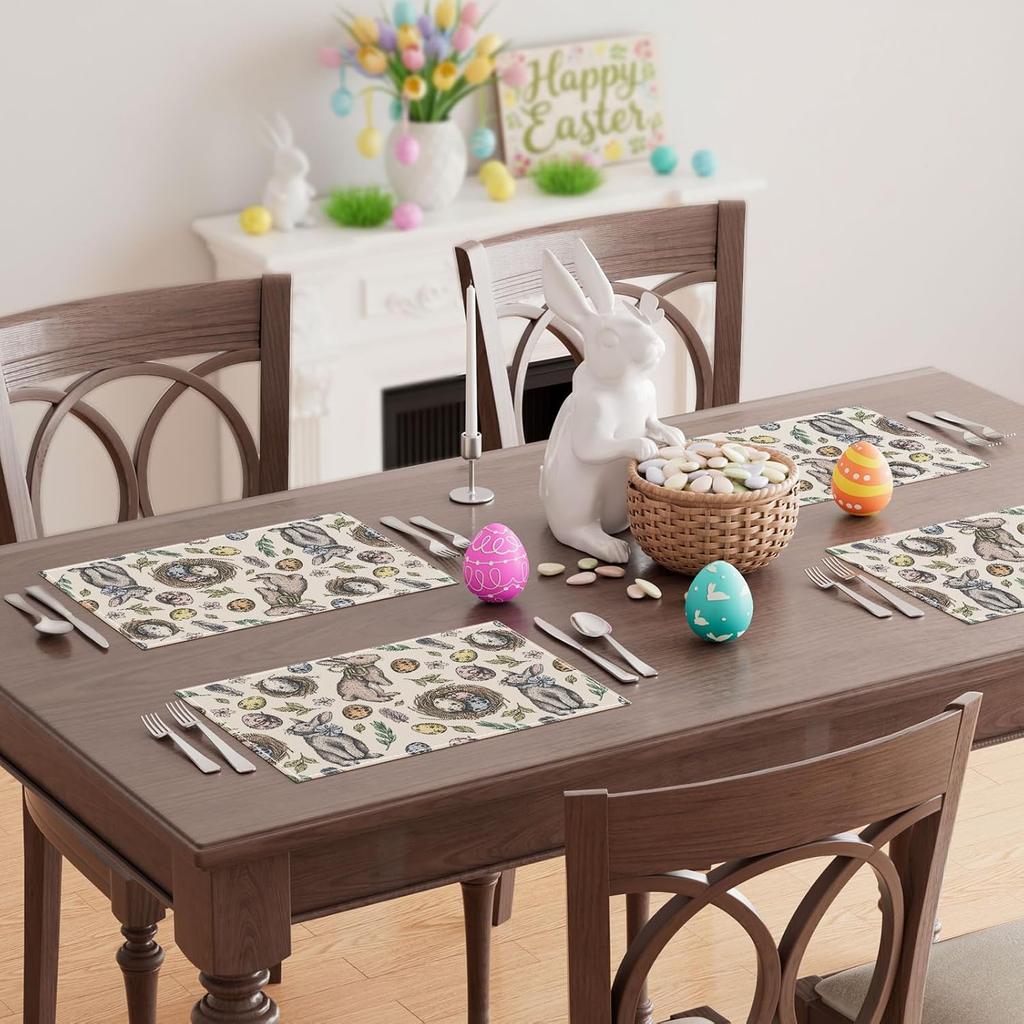 Line Drawing Bunny Eggs Leaves Rabbits Easter Placemats Set of 4 Table Mats for Party Home Kitchen Dining Table Decorations 12x18 Inch