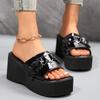 Fashion Summer New Slope Heel Sandals Women's Fashion Round Head Open Toe Metal Buckle a Slip-on Waterproof Platform High Heels