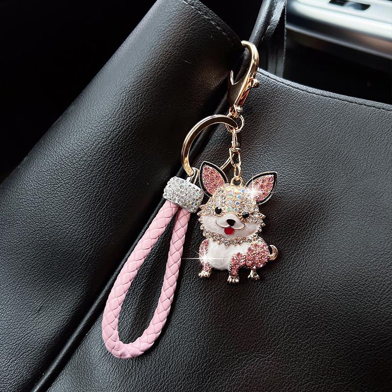 Cute Dog Car Key Chain Pendant Dripping Oil Inlaid with Diamonds Animal Puppy Fashion Bag Pendant Small Gifts