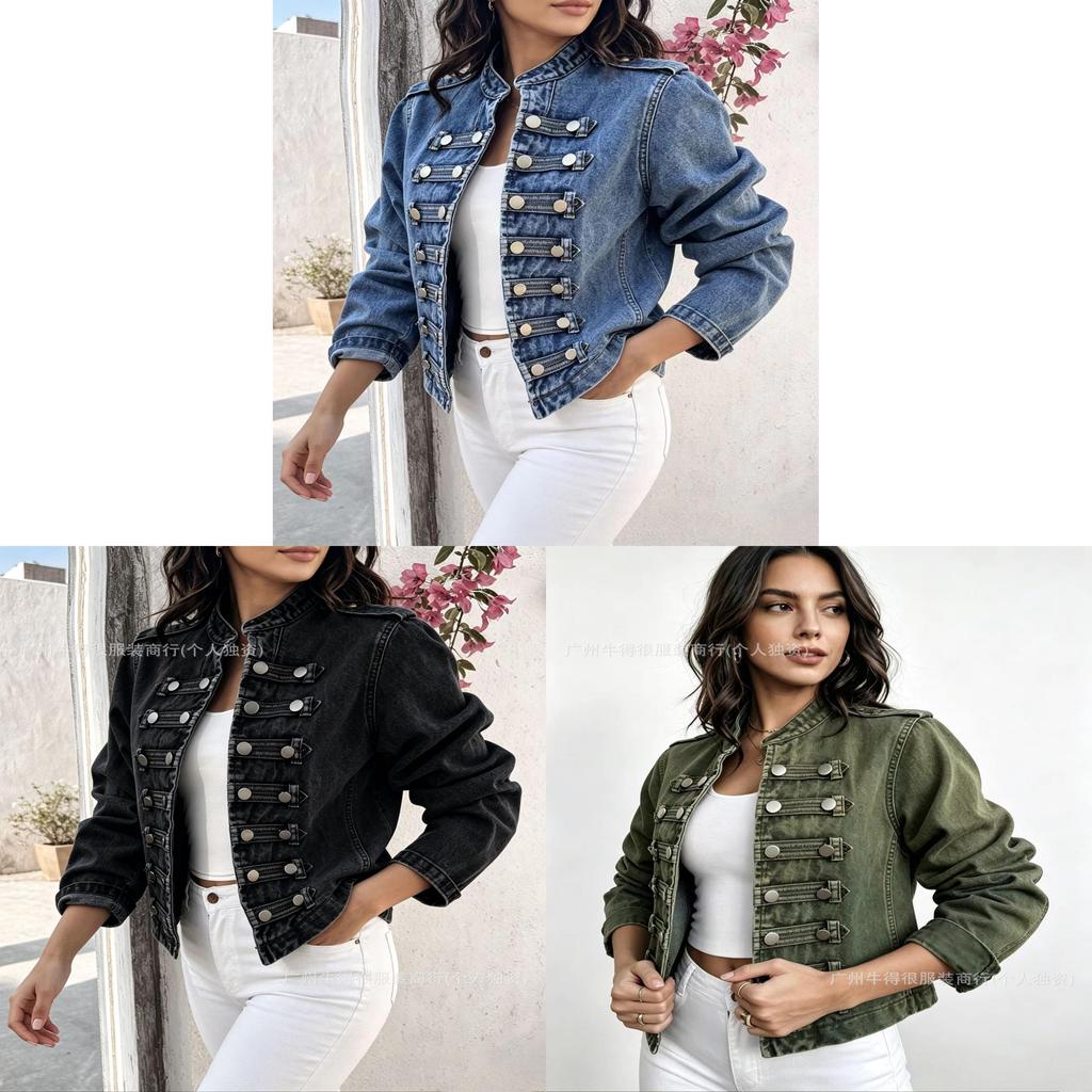 Giacca di Jeans da Donna con Collo Alto e Maniche Lunghe Moda Estiva Casual