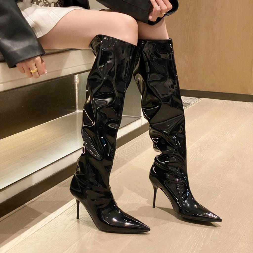 European and American pointed-toed thin-heeled boots for women in the autumn and winter of 2025, new nightclubs, niche patent leather glossy high boo
