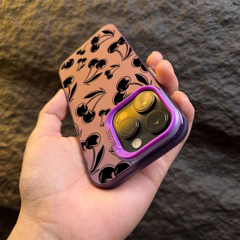 Cute Black Cherry Pattern Matte Laser Phone Case For iPhone 15 Pro Max Case iPhone 16 14 13 12 11 XS X 7 8 Plus Shockproof Cover