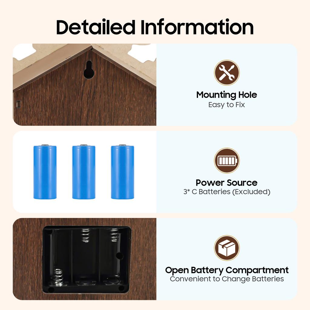 Дерев'яний лісовий годинник-зозуля Настінний Ретро-будиночок з погодинним боєм, Нічний режим