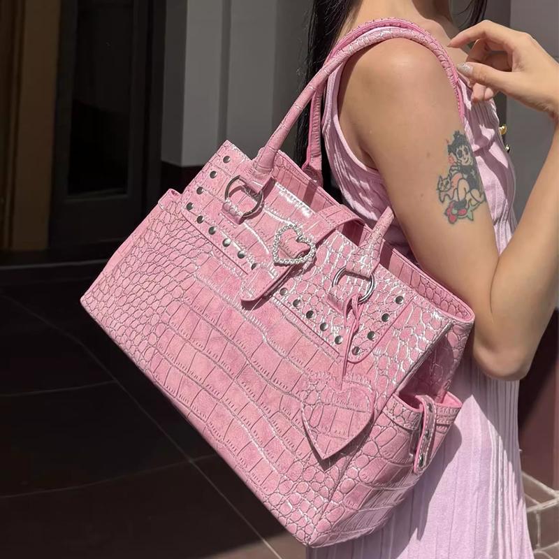 Light Luxury Crocodile-print Handbag For Girls Pink Heart Pattern Shoulder Bag Trendy High-grade Large Capacity Commuter Bag